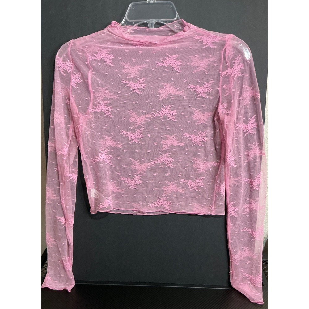 Y2K Coquette Balletcore Fairy Pink Sheer Floral Lace Mock Neck Long Sleeve XS
